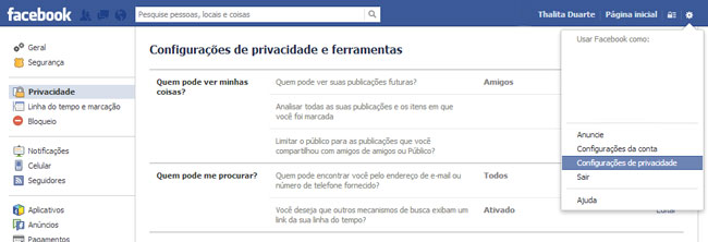 Facebook configurações de privacidade