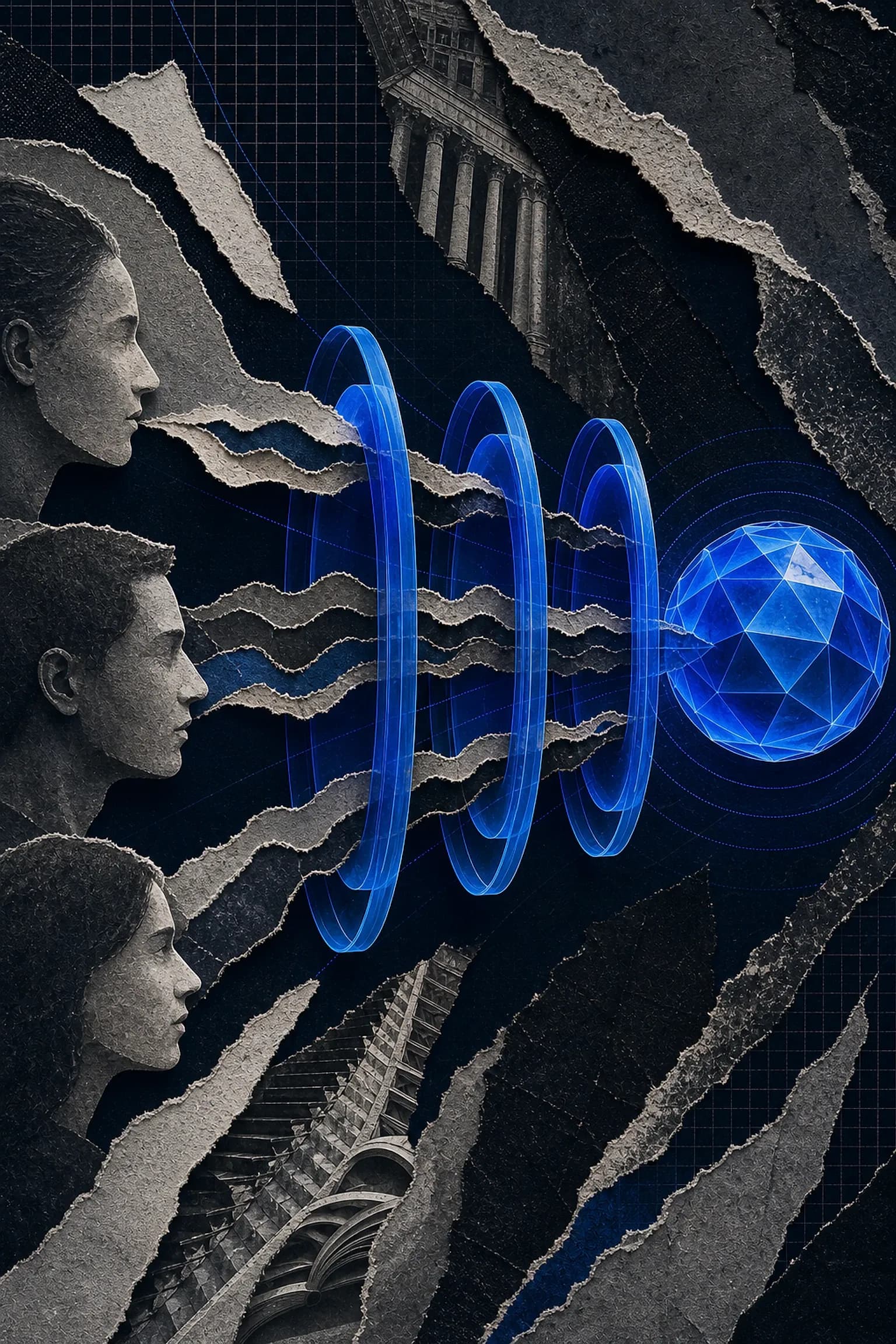 Colagem editorial de busca conversacional em turnos: perfis monocromáticos encadeados por anéis azuis que convergem em um núcleo facetado