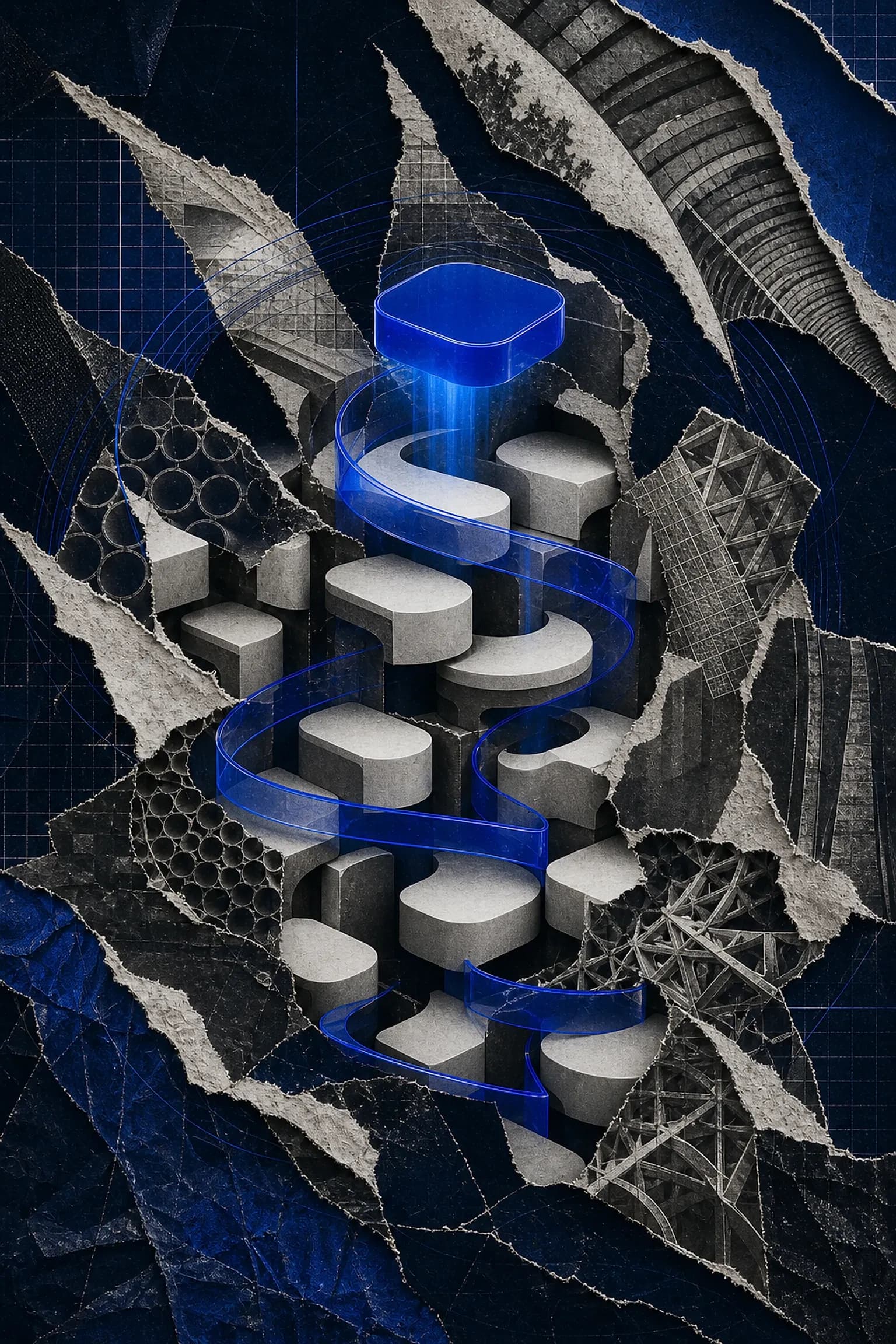 Colagem editorial de ranking em loja de aplicativos: pilha de blocos monocromáticos com faixa azul em espiral e um bloco no topo