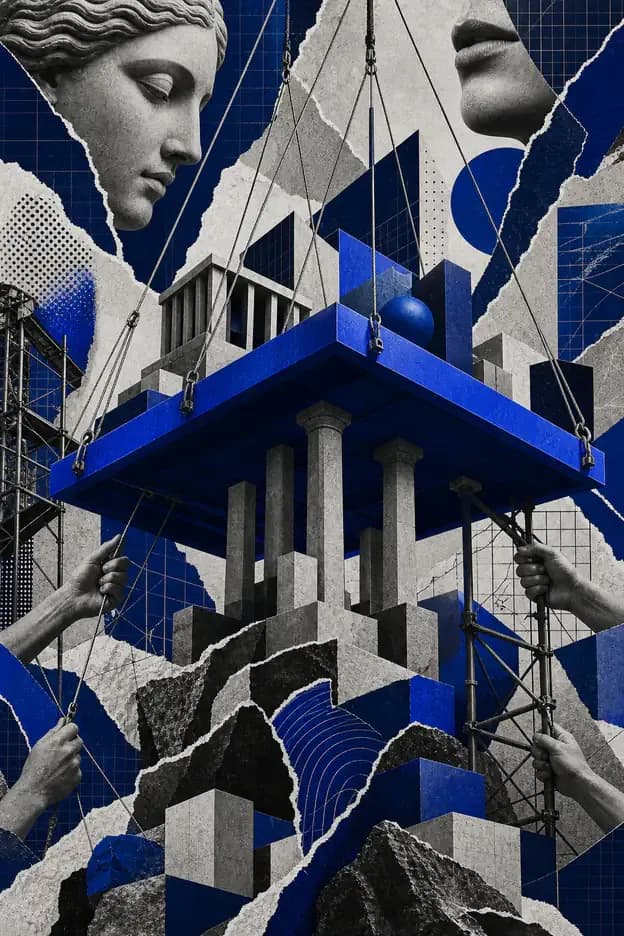 Estrutura de colunas e recortes que sustenta uma forma azul elevada, representando evidências e autoridade para IA.