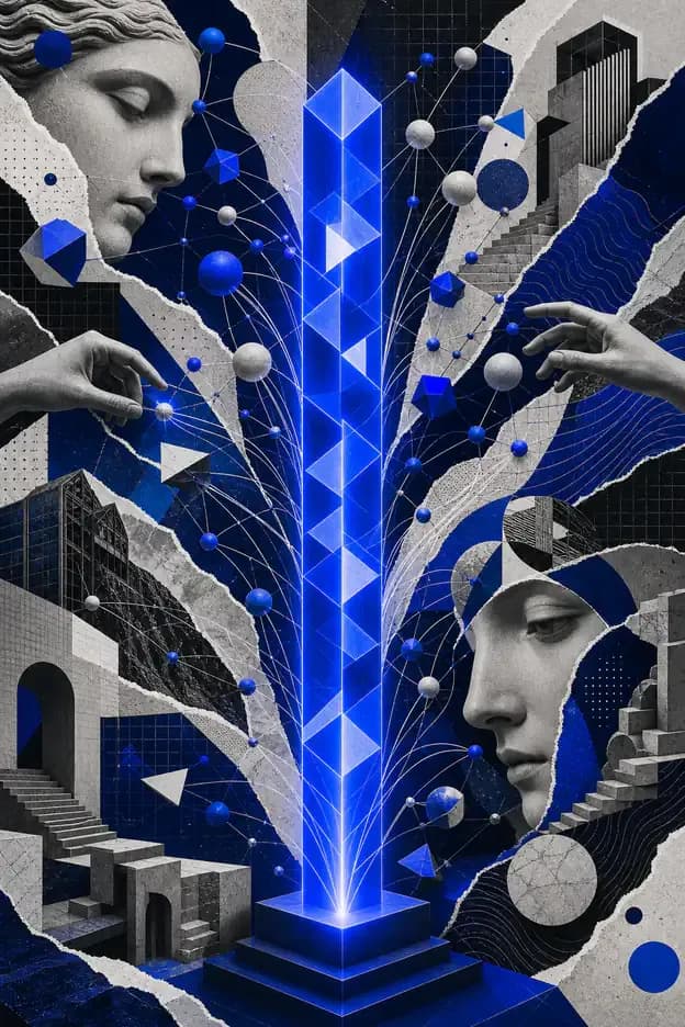 Nós e módulos conectados a um prisma azul, representando a organização de atributos e associações de uma marca.