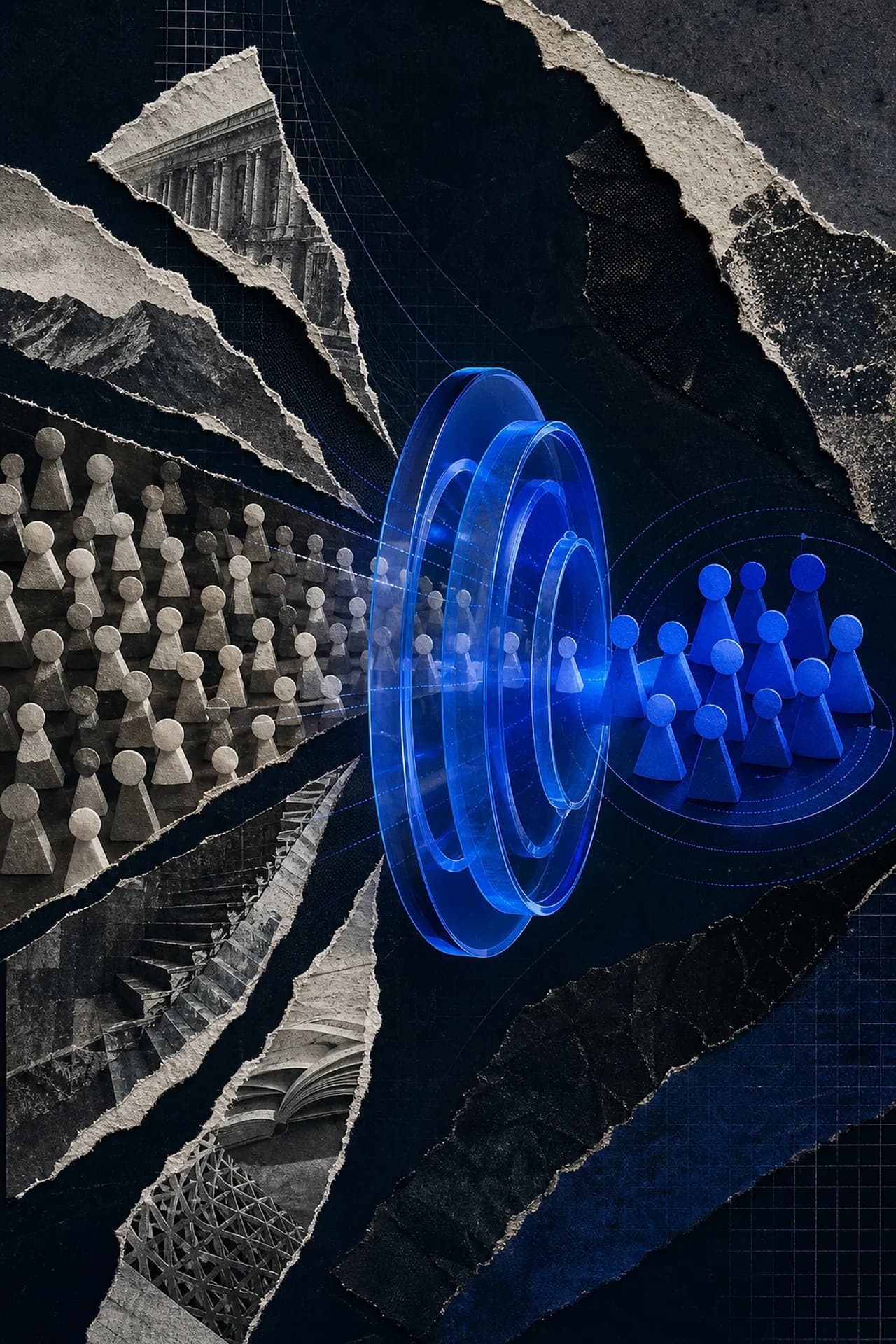 Colagem editorial de share of voice em IA: multidão monocromática filtrada por uma lente azul que destaca um grupo selecionado