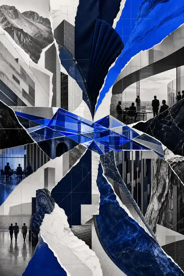 Colagem abstrata representando Comunicação de M&A