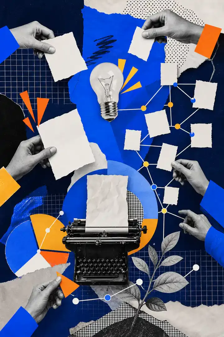 Colagem abstrata sobre conteúdo SEO e autoridade temática
