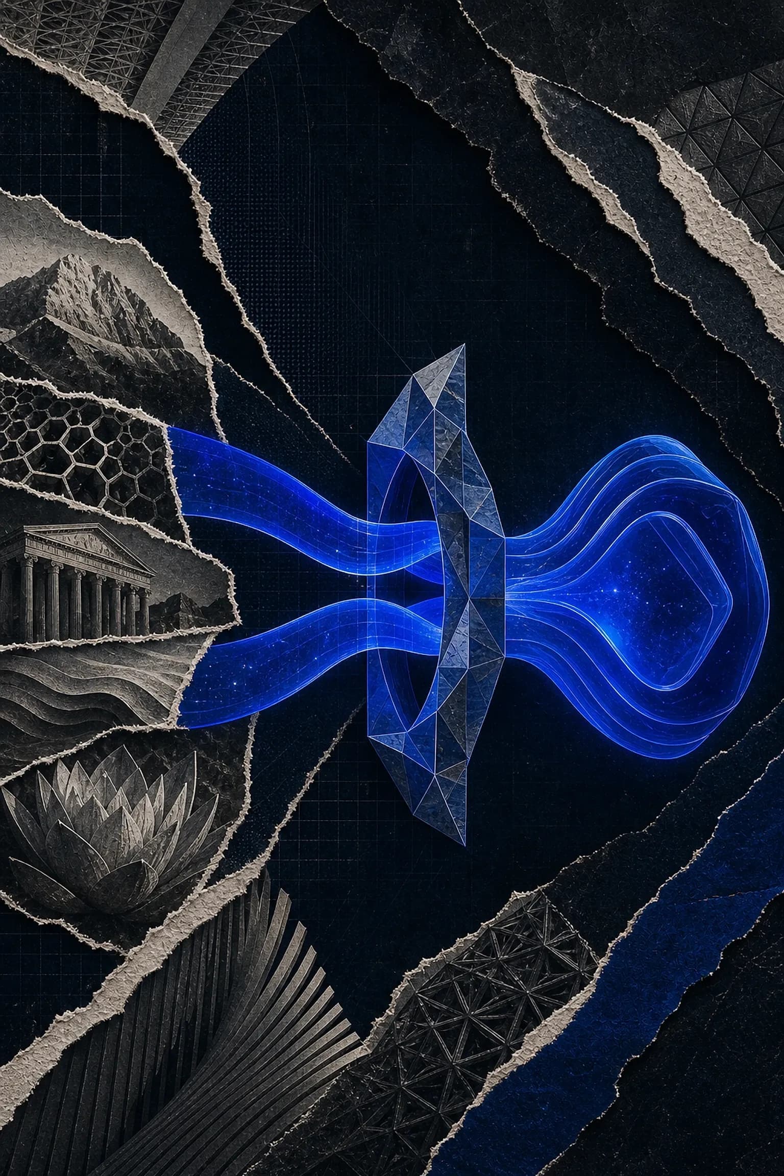 Colagem editorial de integração entre busca e modelo: fluxo azul luminoso atravessando um prisma facetado entre recortes de papel monocromáticos
