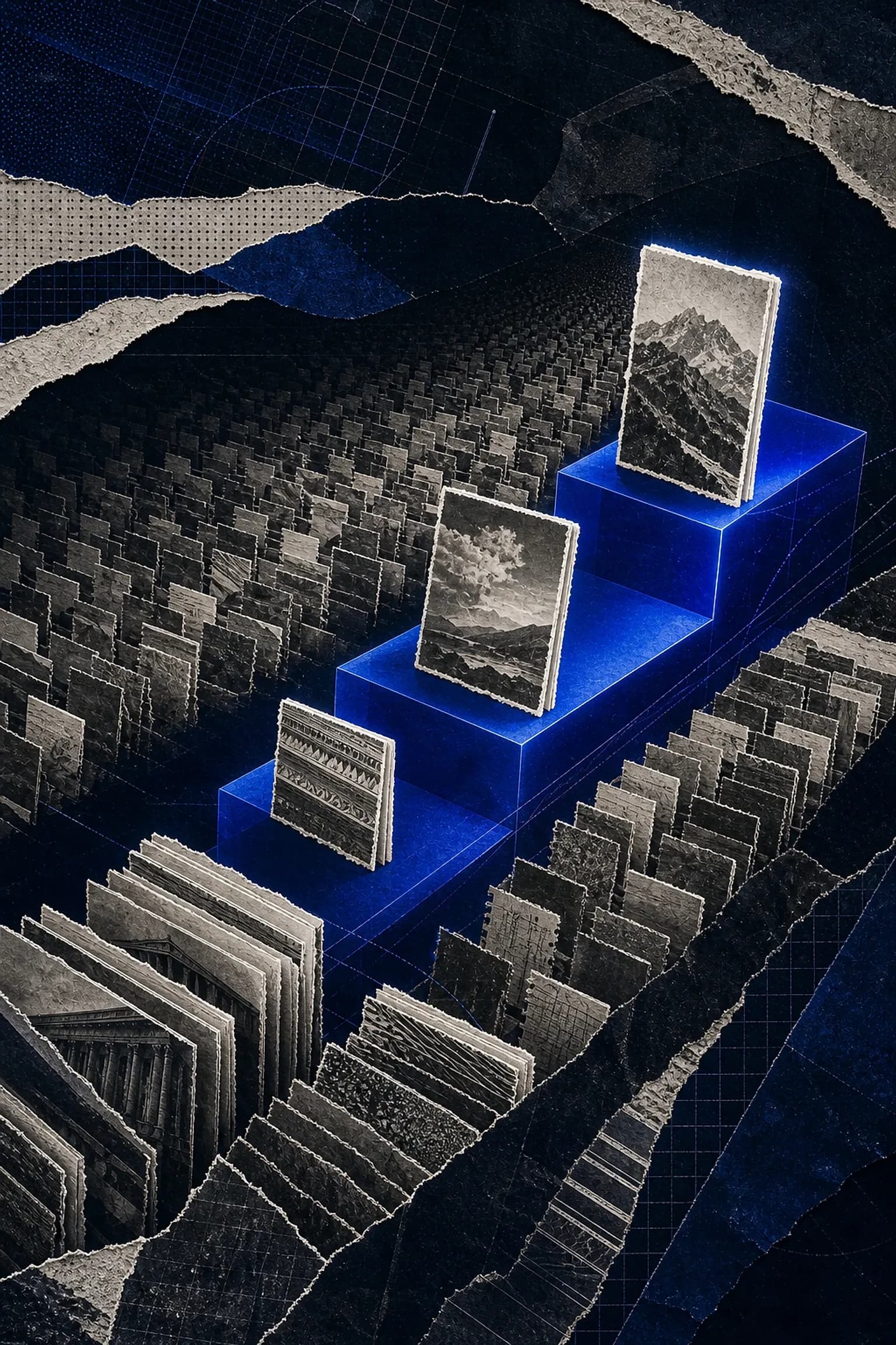 Colagem editorial de disputa por posição no Google: pódio azul com placas fotográficas emergindo de uma malha densa de fragmentos monocromáticos