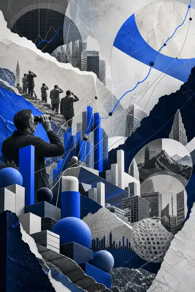 Colagem abstrata representando Índices de Mercado