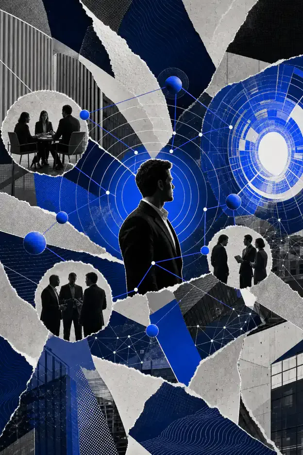 Executivo em colagem editorial conectado por ondas e nós azuis a diferentes conversas de negócio, representando reputação e aquisição no LinkedIn.