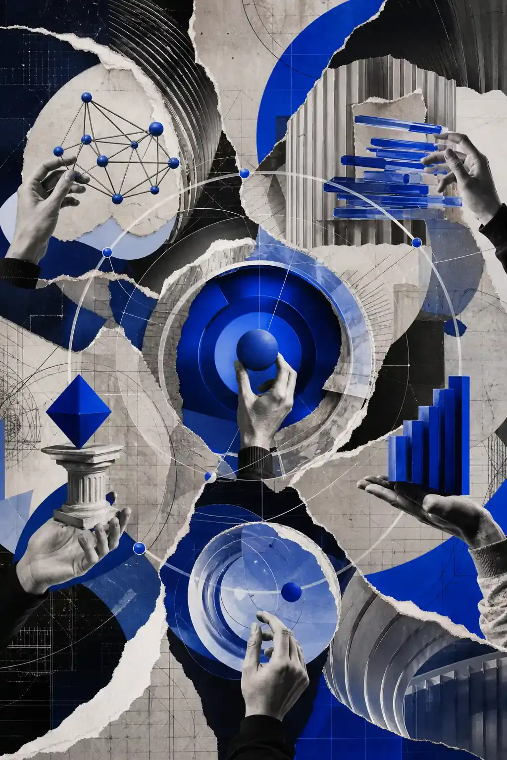 Colagem abstrata com mãos, ciclos e estruturas conectadas representando a metodologia de SEO
