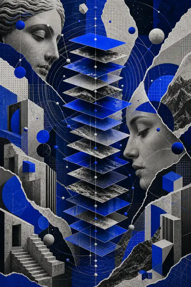 Arco azul em varredura sobre lâminas translúcidas e discos deslocados, representando o acompanhamento contínuo de uma marca em IA.
