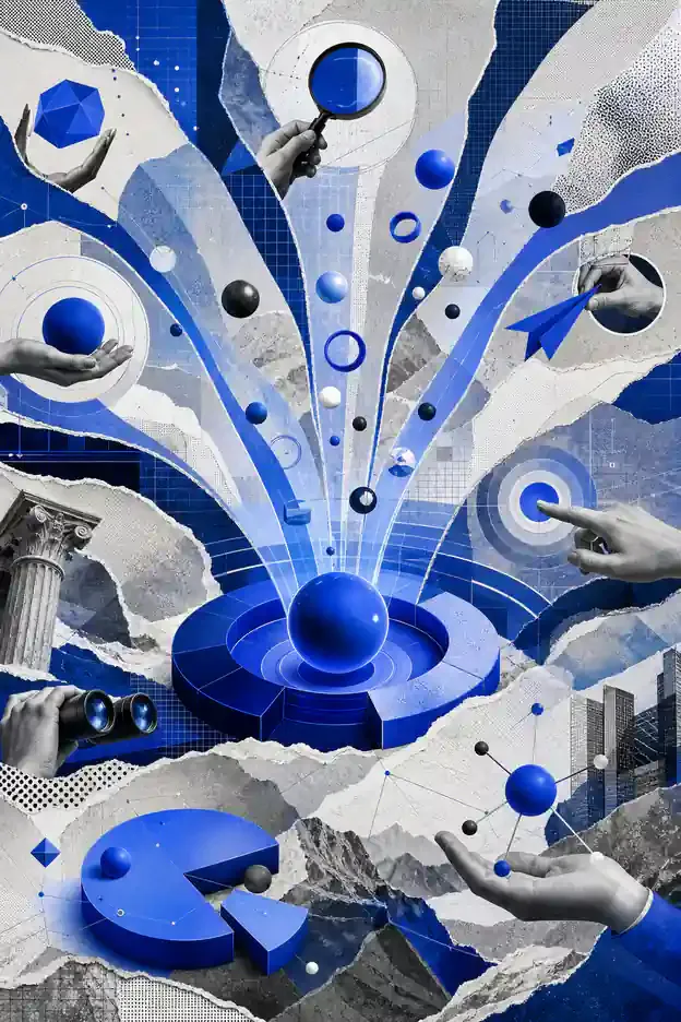 Colagem abstrata representando Orquestração de Buscas