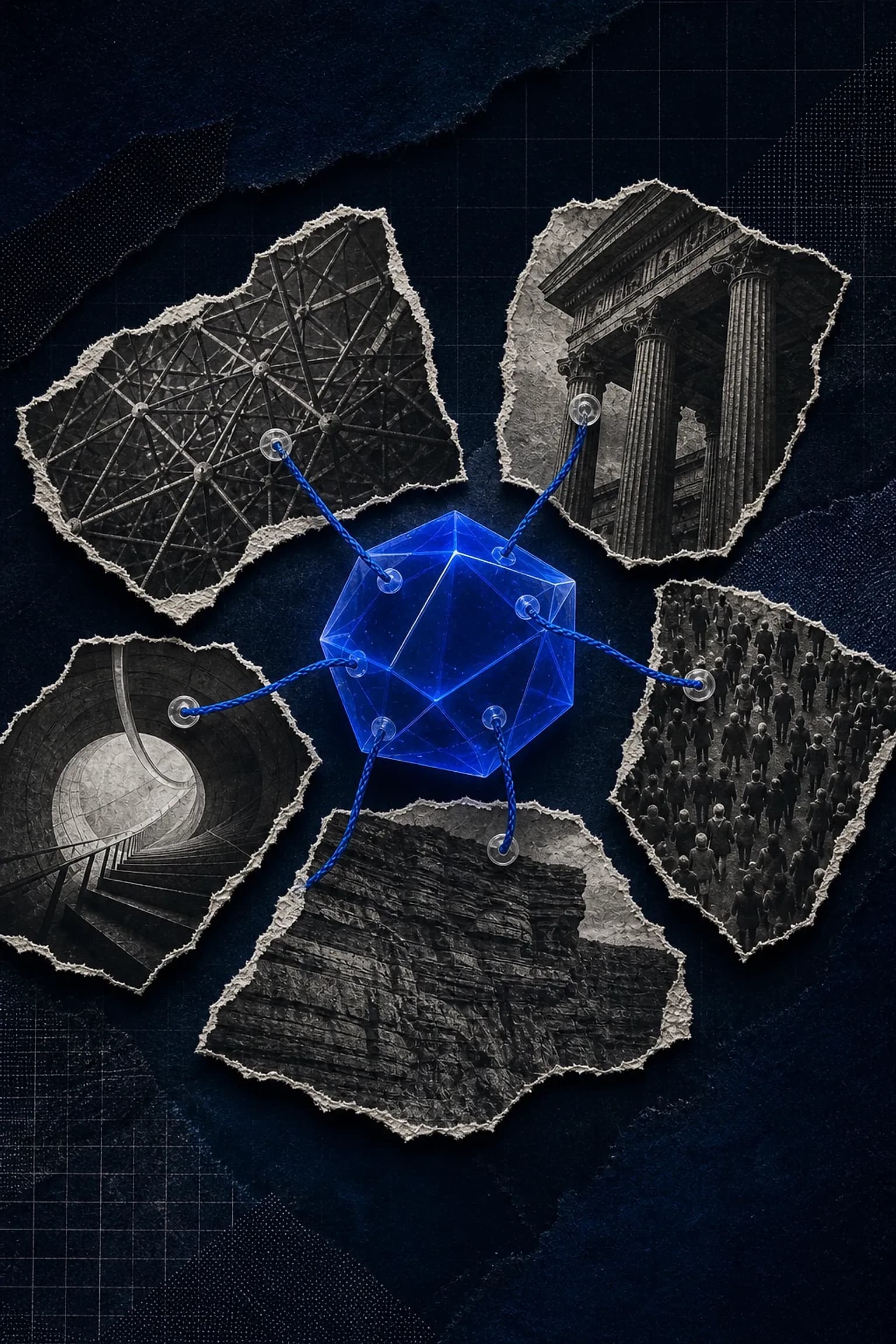 Colagem editorial de resposta com fontes citadas: núcleo azul facetado conectado por hastes a fragmentos de papel que representam as fontes