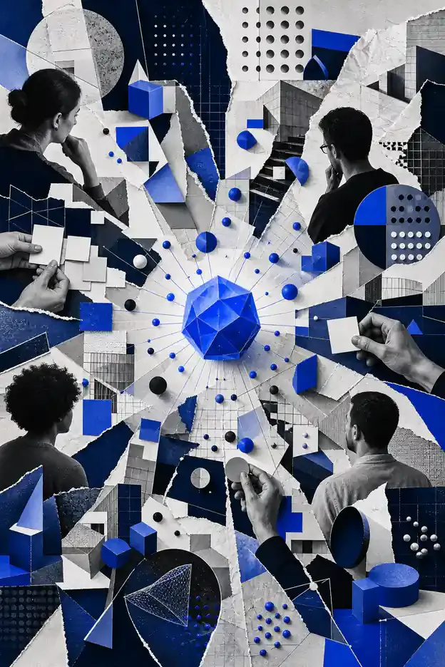 Colagem abstrata representando Pesquisas de Mercado