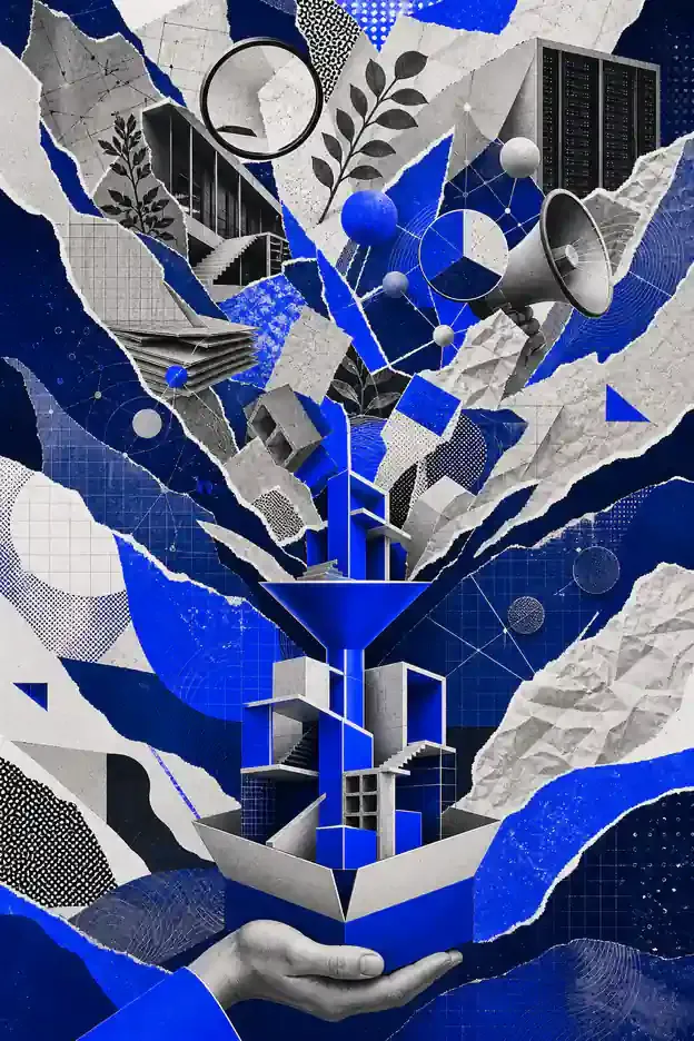 Colagem abstrata representando Pruning de Conteúdo