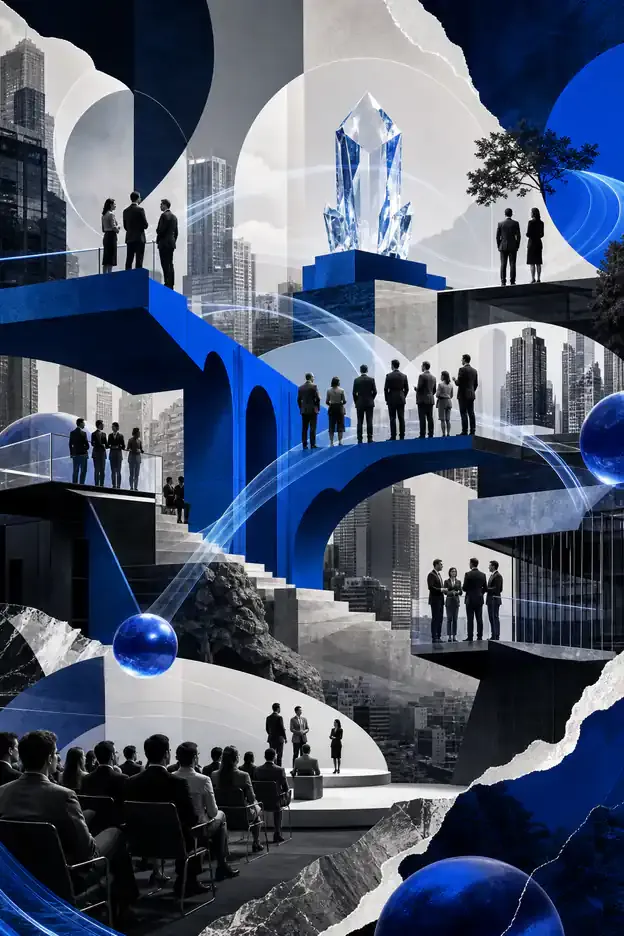 Colagem abstrata representando Relações com Investidores