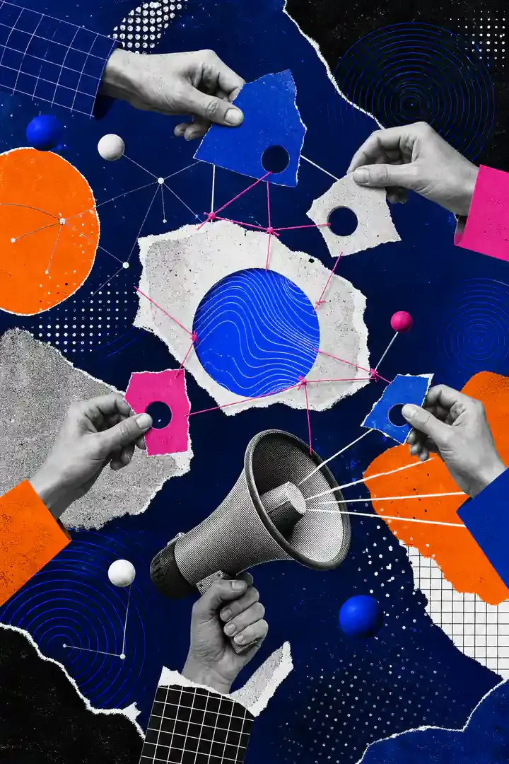 Colagem abstrata sobre SEO off-page e autoridade digital