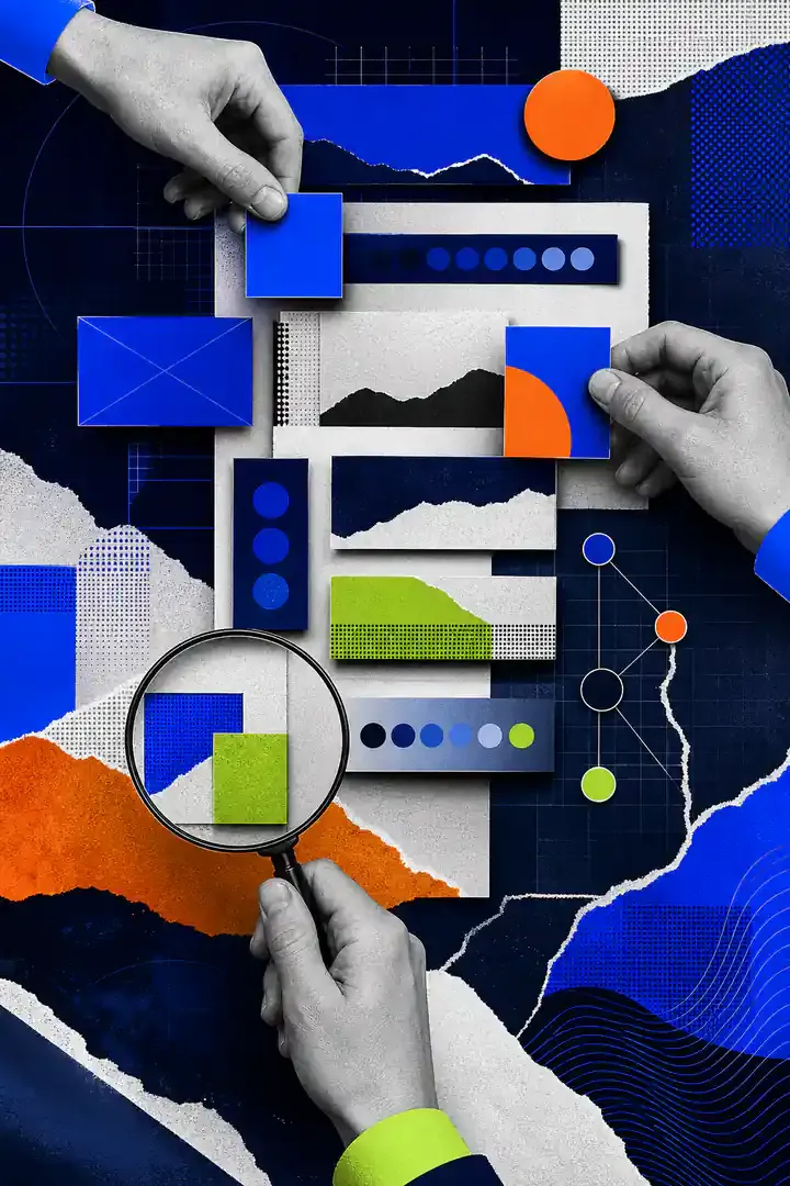 Colagem abstrata sobre SEO on-page e otimização de conteúdo