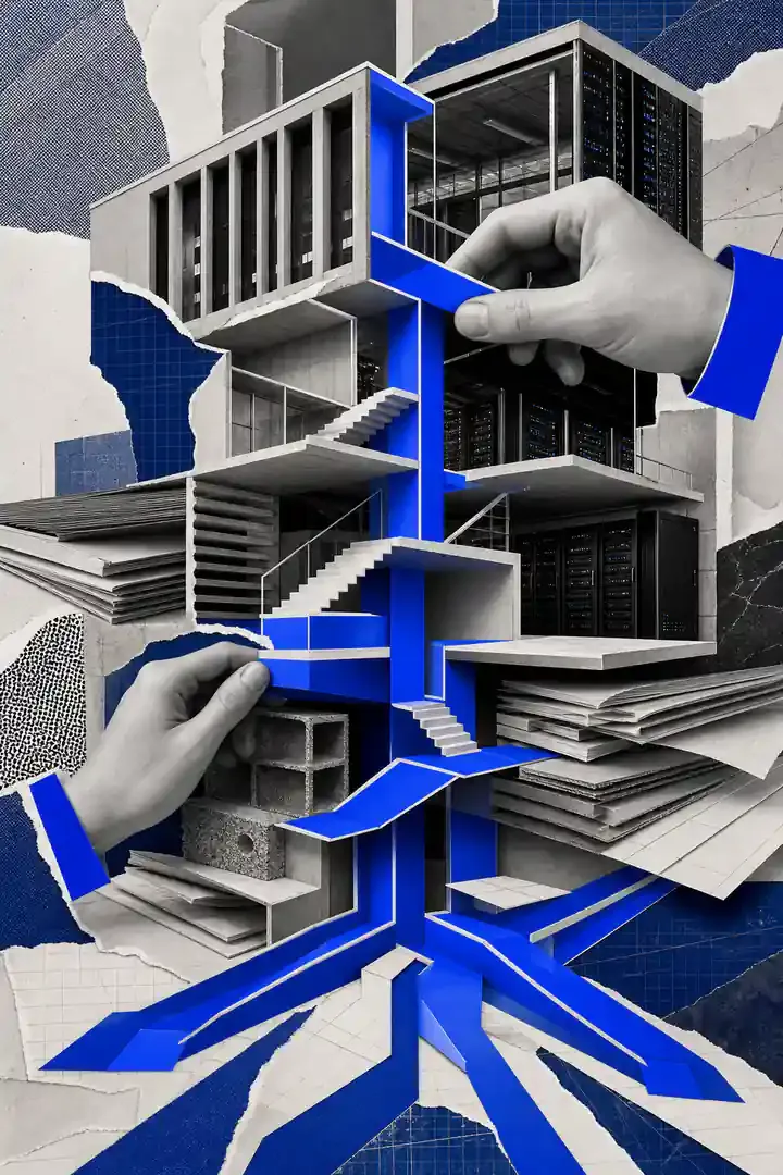 Colagem abstrata sobre SEO técnico e arquitetura de busca