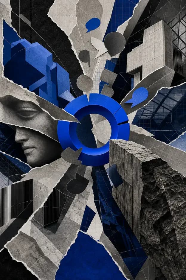 Massas geométricas de tamanhos diferentes em torno de um núcleo azul, representando a comparação de presença de marcas em respostas de IA.