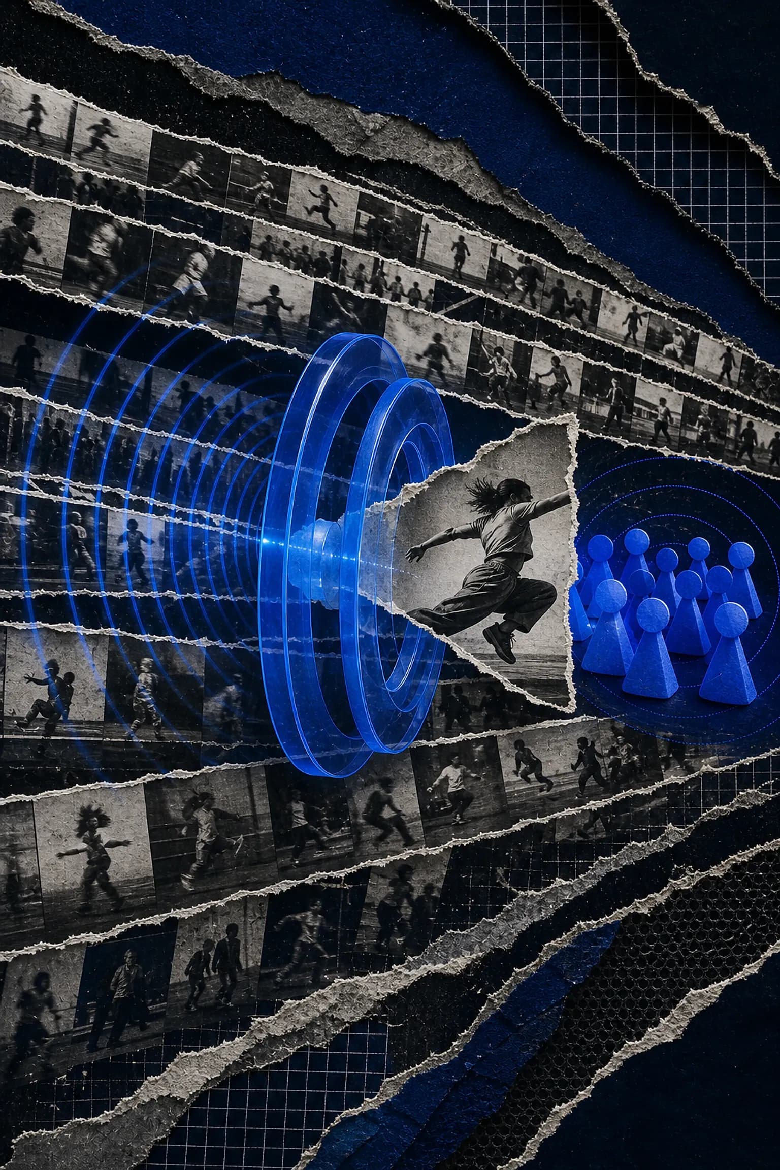 Colagem editorial de descoberta por vídeo curto: tiras de filme monocromáticas convergindo num túnel azul até um grupo de figuras destacadas