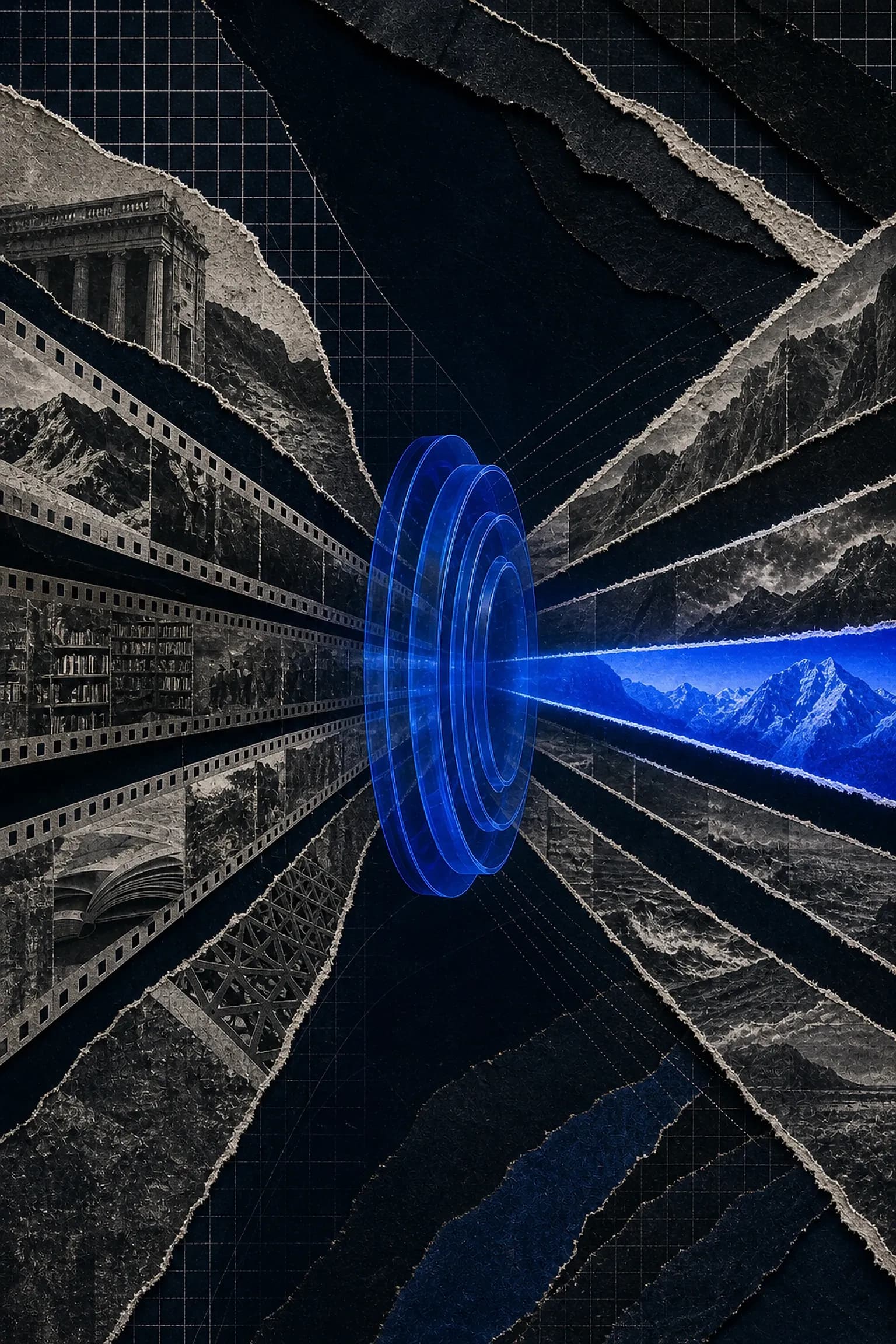 Colagem editorial de busca e recomendação em vídeo: faixas de película monocromáticas em fuga até um foco azul concêntrico no horizonte