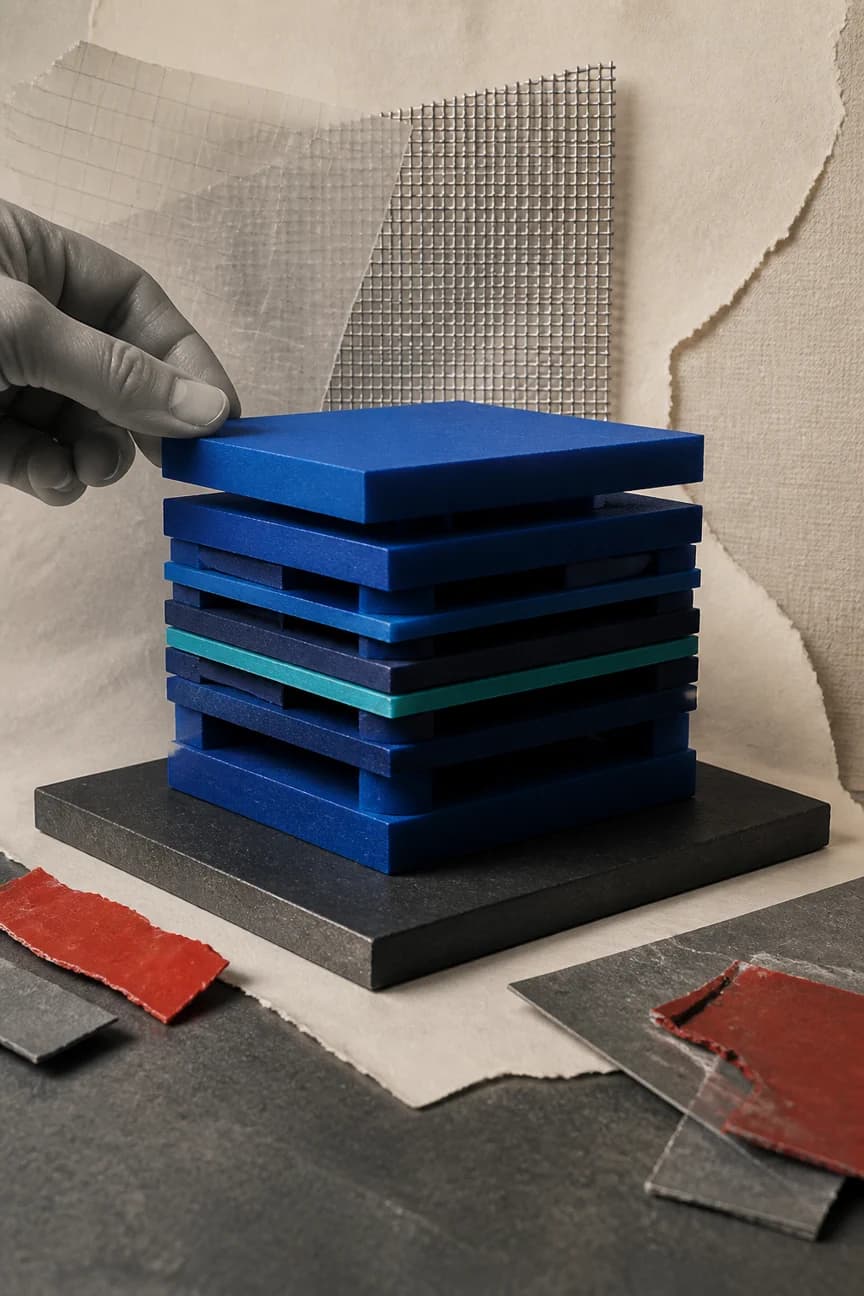 Colagem editorial de camadas modulares azuis empilhadas sobre uma base escura, com uma mão em escala de cinza alinhando a peça superior e fragmentos vermelhos afastados.