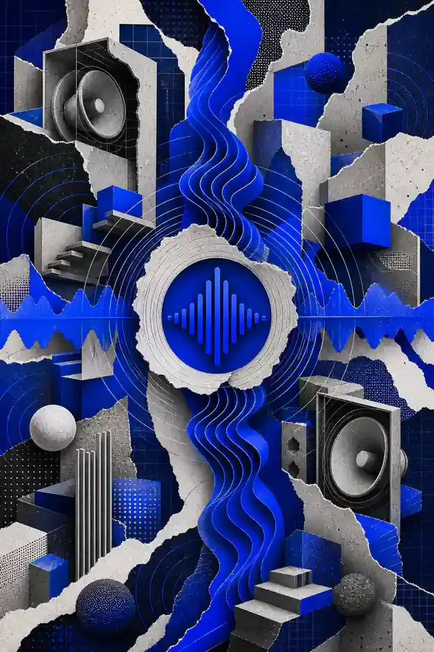 Colagem abstrata representando Guia de Comunicação e Tom de Voz