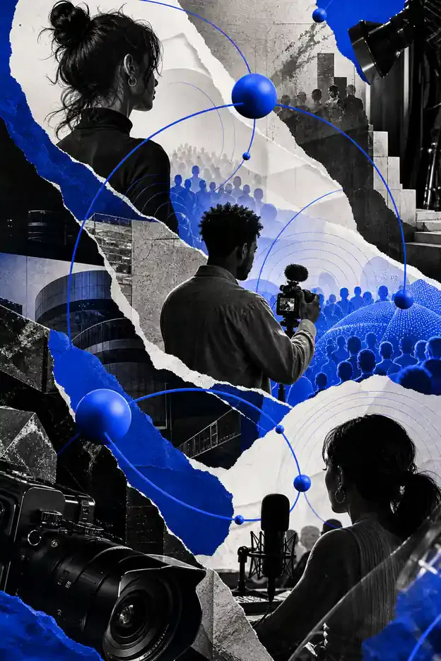 Colagem abstrata representando Influencer Relations