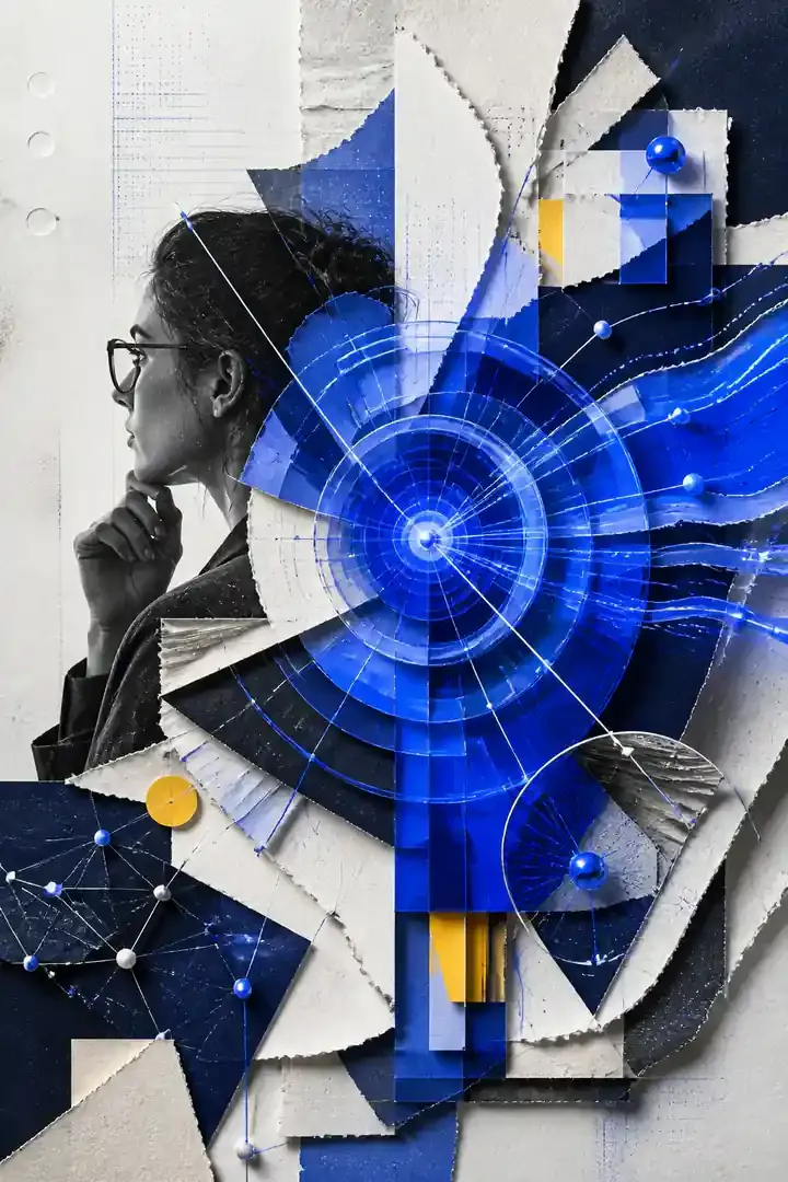 Colagem abstrata com sinais azuis conectados, recorte humano e camadas de papel que representam SEO na era da inteligência artificial.