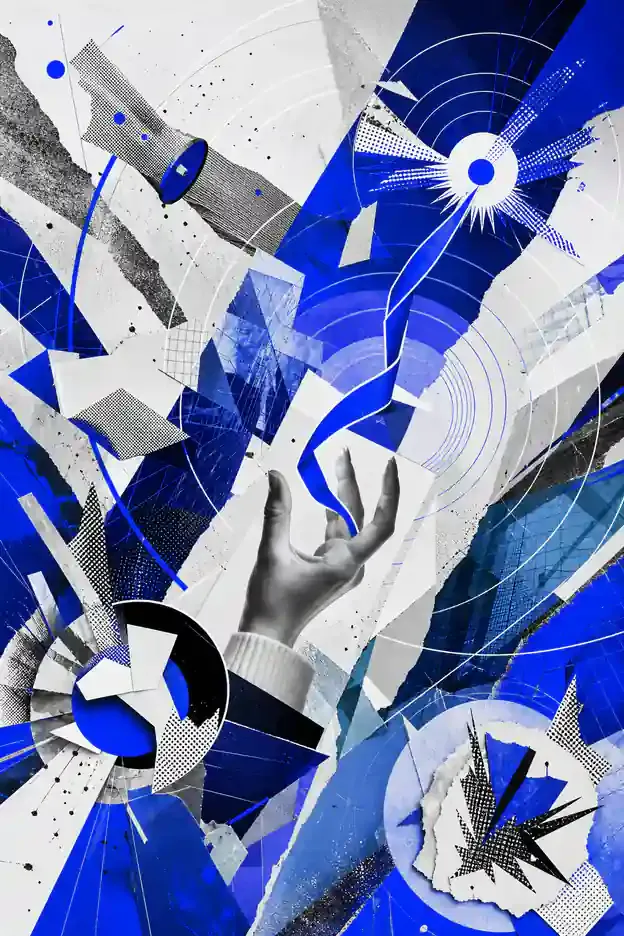Colagem abstrata representando Newsjacking PR