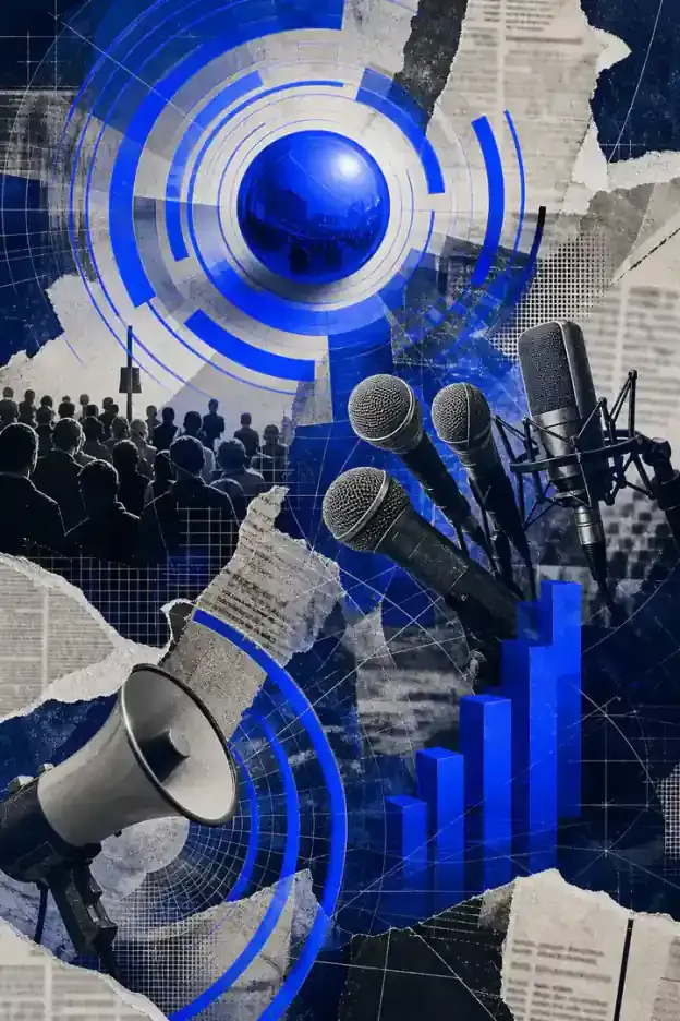 Colagem editorial com microfones, público e gráficos representando reputação, imprensa e mensuração em PR