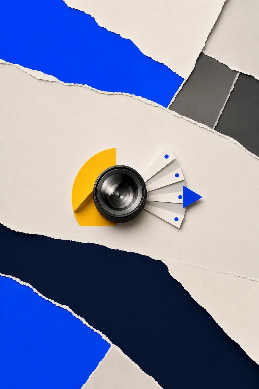 Lente sobre quatro faixas de papel com pontos azuis e uma seta representa a análise de sinais para decisões editoriais.