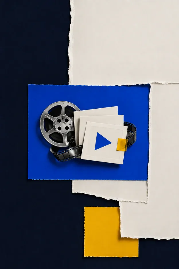Rolo de filme conecta cartões sobrepostos com símbolo de reprodução, representando a organização de vídeos em playlists.