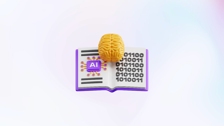 Ilustração de um cérebro artificial sobre um livro com código binário, representando inteligência artificial e aprendizado de máquina.