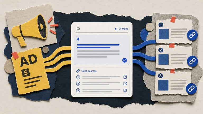 Colagem editorial sobre anúncios e fontes citadas no AI Mode