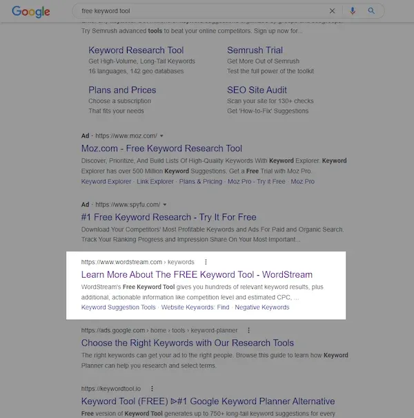 free keyword tool title in SERP saying "learn about wordstream's free keyword tool"