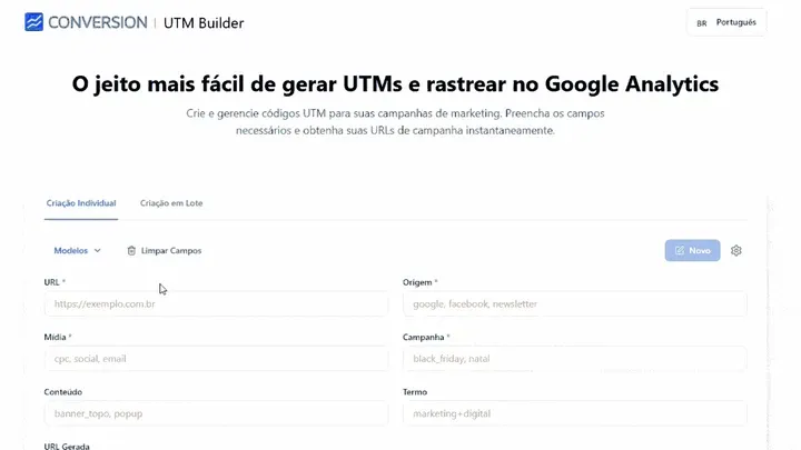 UTM Builder, uma ferramenta para criar códigos UTM para campanhas de marketing. O formulário inclui campos para URL, origem, mídia, campanha, conteúdo e termo.