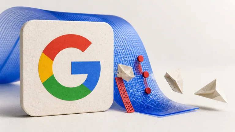 Colagem abstrata com o G multicolorido do Google diante de uma malha azul que filtra fragmentos de papel.