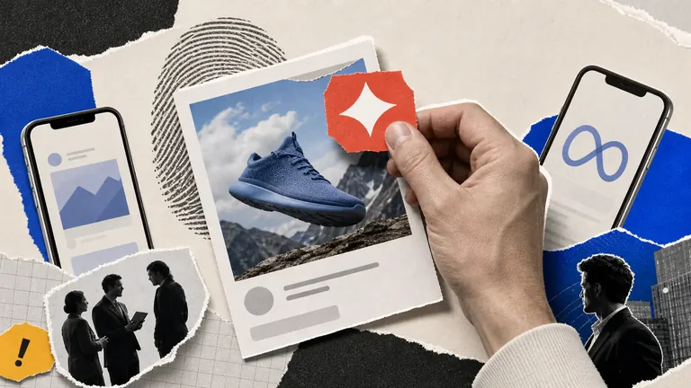 Colagem editorial sobre a rotulagem de anúncios feitos com inteligência artificial no Google e Meta