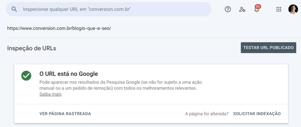 Inspeção de URL no Google Search Console
