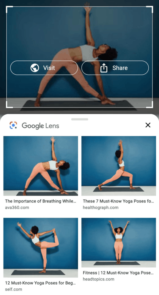 Fonte: Backlinko / Reprodução Mesma foto de pose de Yoga no Google Lens