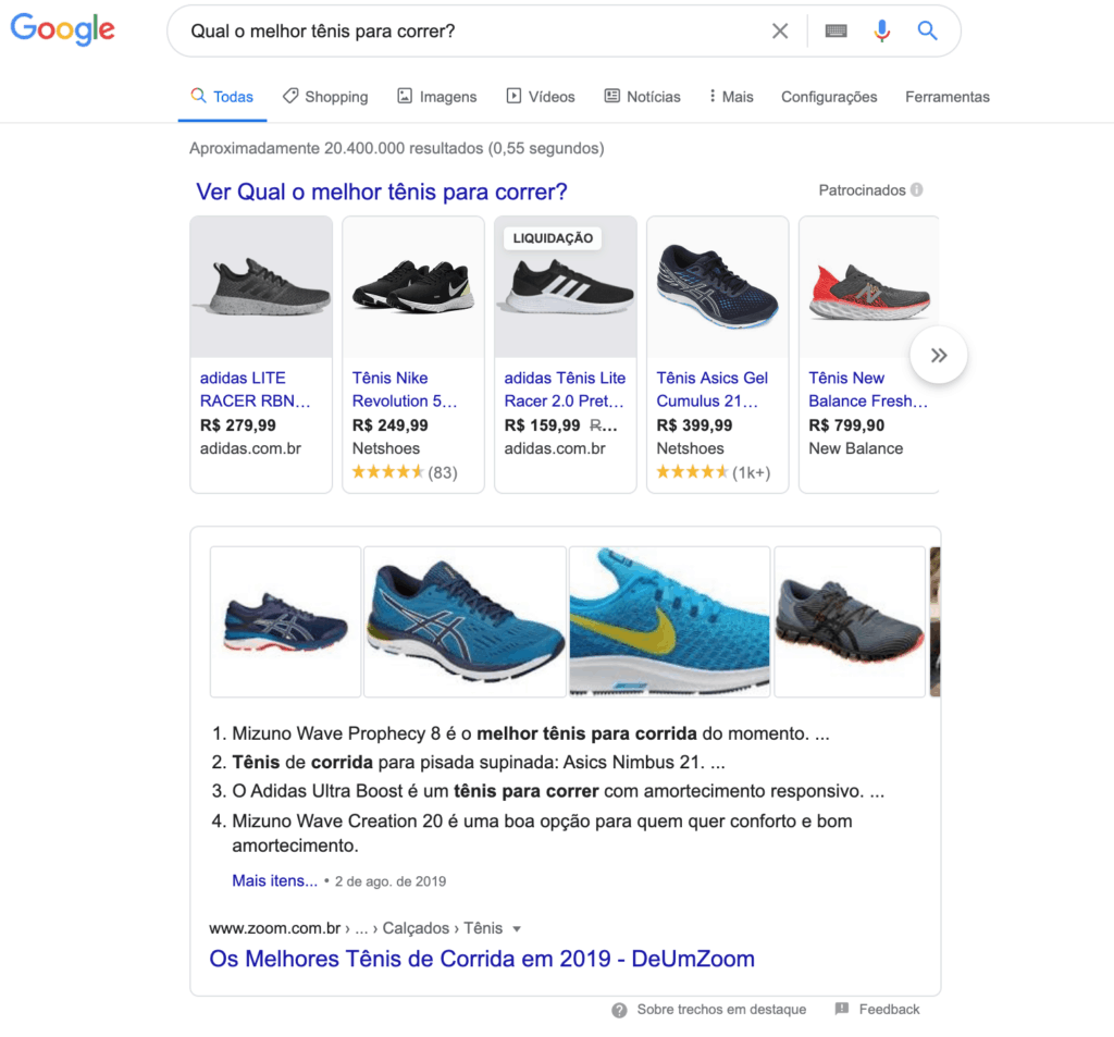 Busca no Google: "Qual o melhor tênis para correr?" representando uma busca do tipo comercial.