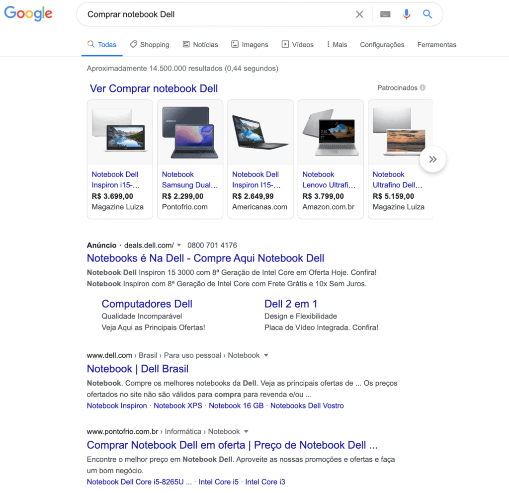 Busca no Google: "Comprar notebook Dell" com uma SERP com resultados de busca transacional