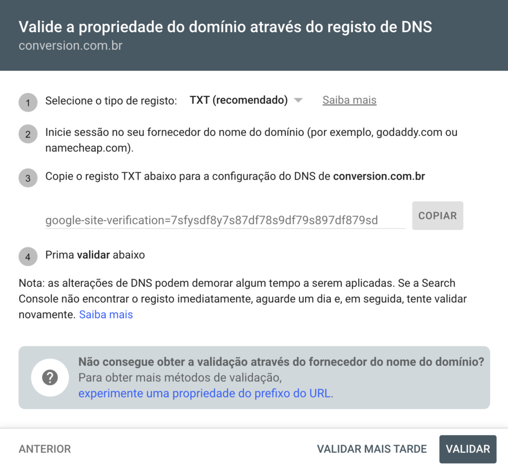 Validando a propriedade do Google Search Console