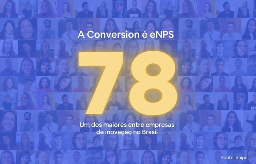 Imagem com eNPS 78 e fundo com foto de nosso time