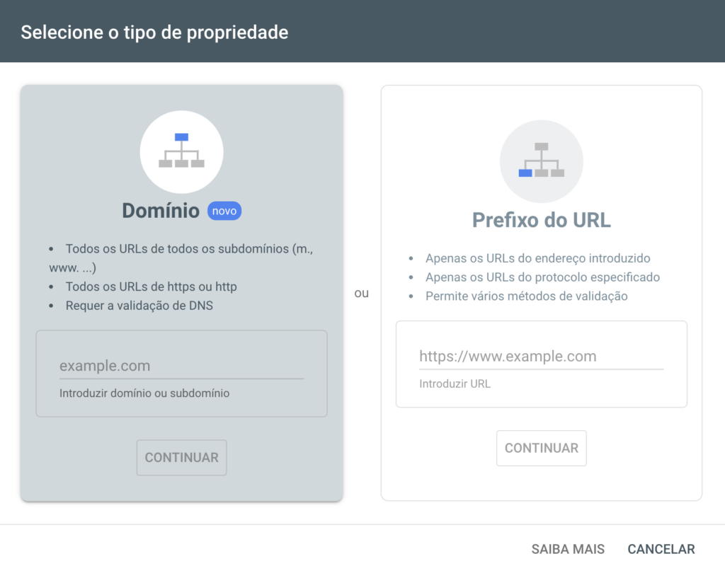 Selecione o tipo de propriedade: domínio ou prefixo do URL