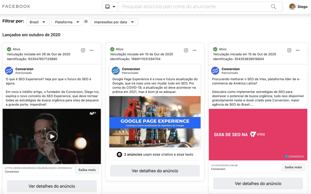 Tela da Biblioteca de Anúncios do Facebook