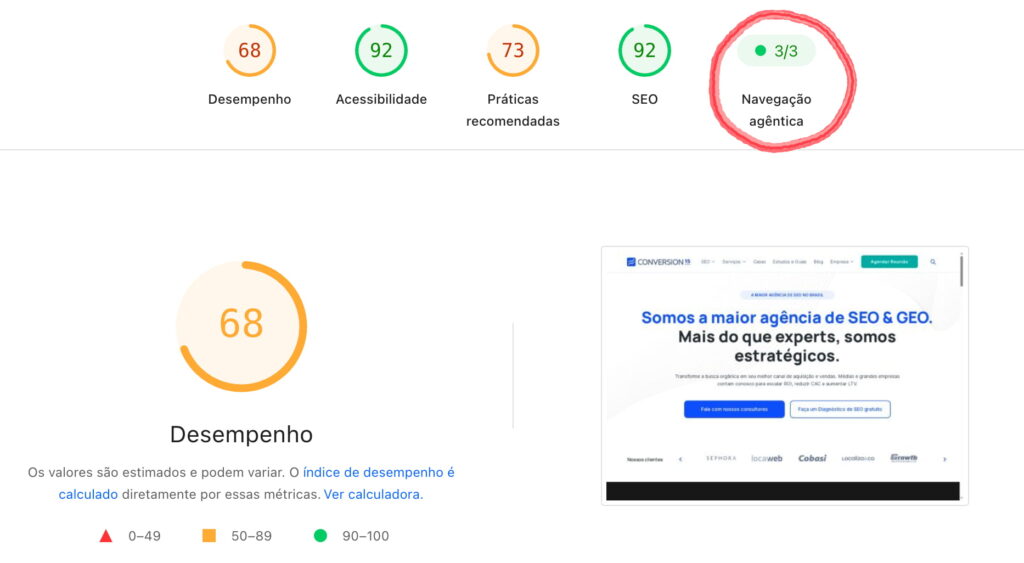 Auditoria de navegação agêntica exibida no PageSpeed Insights
