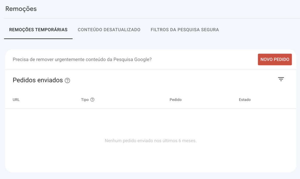 Remoções de URLs no Google Search Console