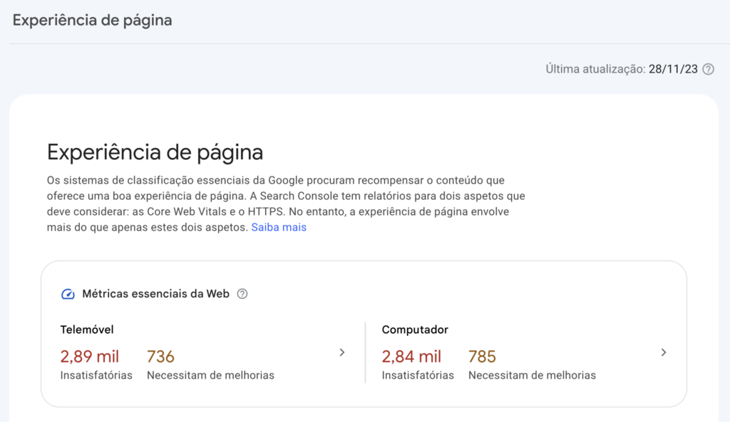 Experiência de página no Google Search Console